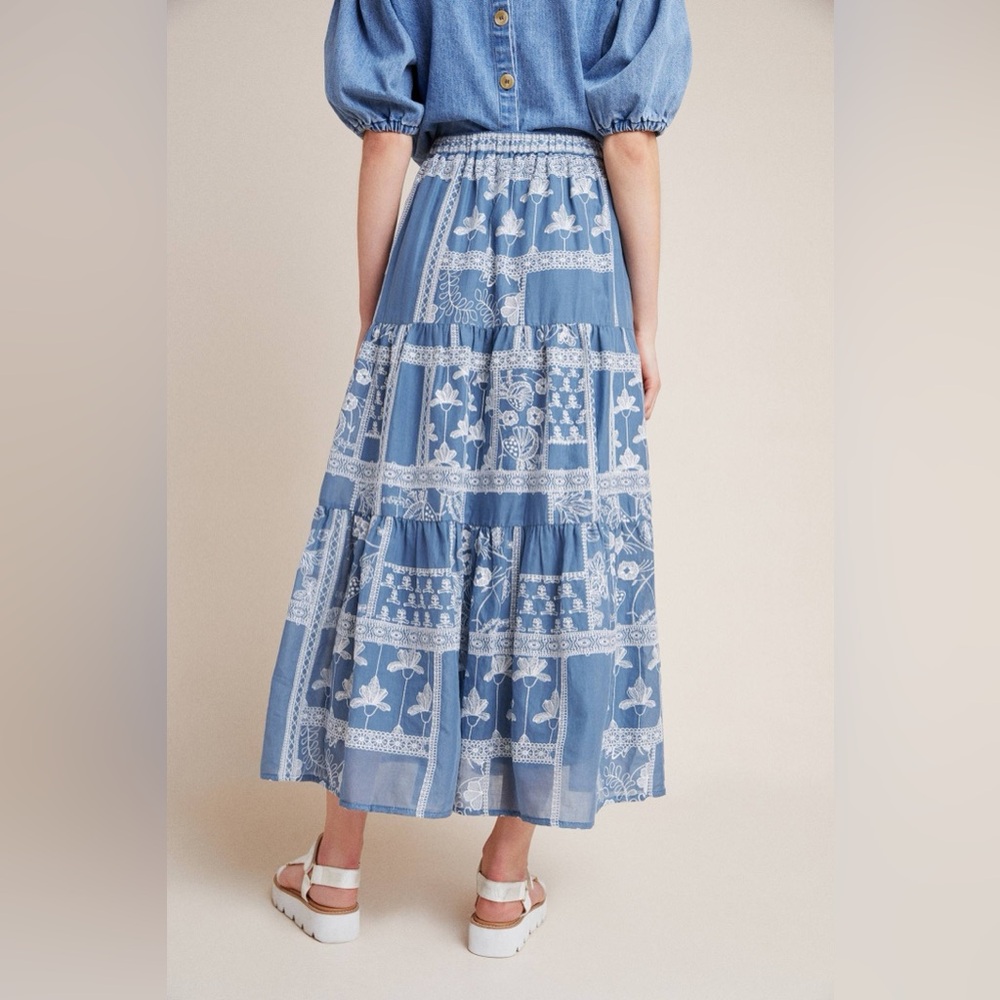 Anthropologie Maeve Ariadne Embroidered Maxi Skirt Blue & White Size XS - Picture 2 of 13